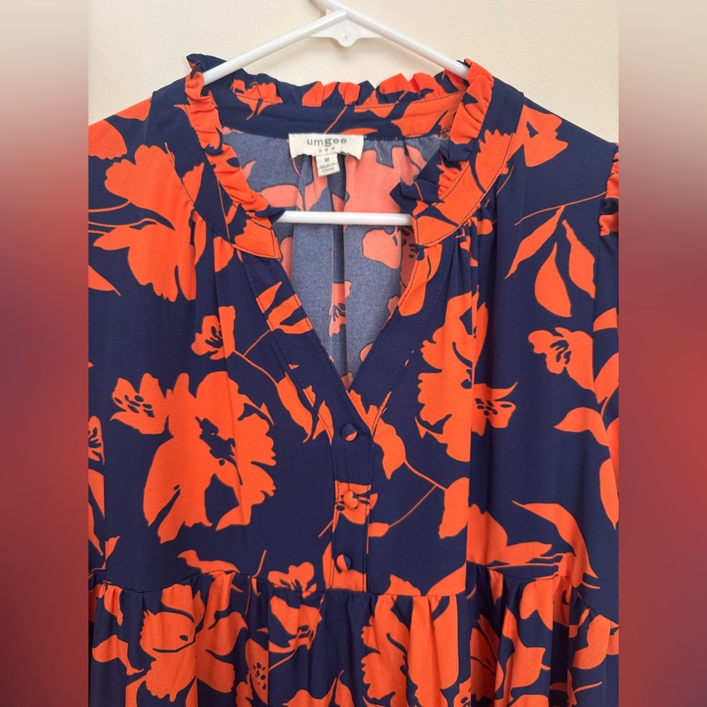 Umgee Floral Tiered Babydoll Dress Navy Orange Boho Long Sleeve Size Medium - Picture 3 of 5